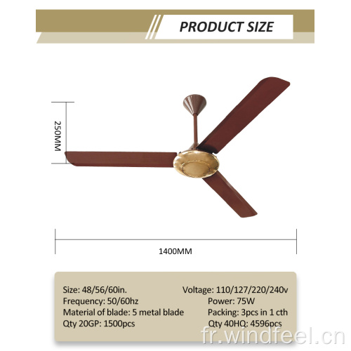 Ventilateur de plafond pas cher Malaisie 220V Ventilateur décoratif doré